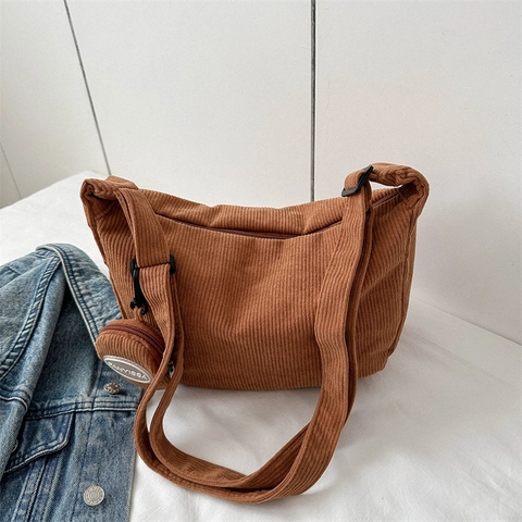 Corduroy Shoulder Bag Large Capacity Hobo Tote With Round Coin Purse Retro Japanese Style Crossbody Bag For Women