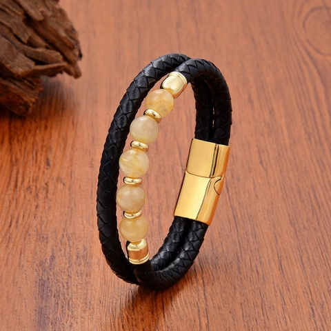 Double Layer Bracelet Woven Leather Natural Stone Beads Stainless Steel Magnetic Buckle Retro Fashion Accessory For Men