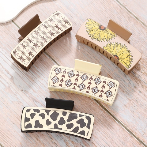 Retro PU Leather Hair Claw Clips Large Shark Clips For Thick Hair Bohemian Sunflower Cow Print Geometric Styling Accessories For Women