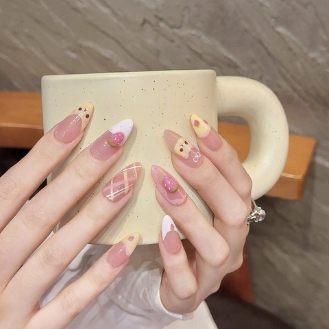 Cute Strawberry Cartoon Bear Press On Nails Almond Shape Handmade French Tips Plaid Pink Sweet Style Artificial Nails