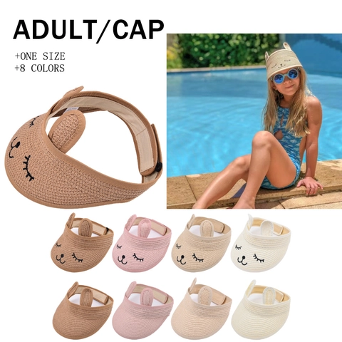 Kids Paper Straw Visor Hat Cute Cartoon Cat Rabbit Ears Adjustable Sunshade Summer Outdoor For Toddler Girls Boys