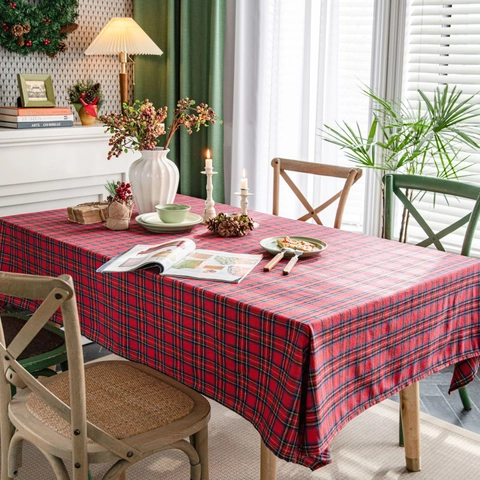 Christmas Tartan Plaid Tablecloth Yarn Dyed Cotton Blend Rectangle Round Table Cover For Kitchen Dining Home Decoration