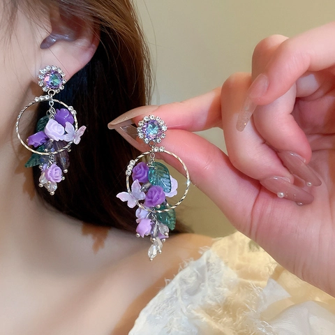 Vintage Purple Flower Butterfly Dangle Earrings With Silver Earring Post Alloy Crystal Rhinestone Elegant Tassel Jewelry Women