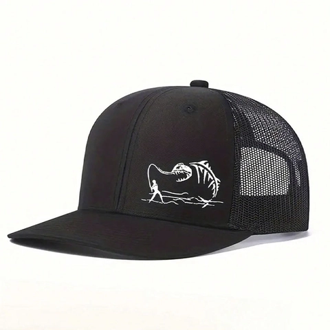 Men Trucker Hat Mesh Back Breathable Baseball Cap Outdoor Fishing Fish Bone Print Adjustable Sun Protection Curved Brim