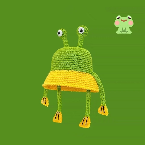 Süße Frosch Häkeln Fischerhut Handgestrickt Acryl Lustige Tieraugen Winter Warm Strickmütze Für Damen Täglich Casual Kopfbedeckung