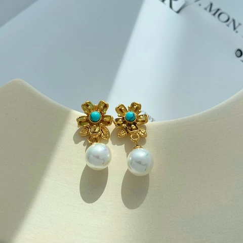 Pendientes De Gota De Flor Acero Inoxidable Piedra Natural Elegante Perla Artificial De Imitación Joyería Retro Para Mujer