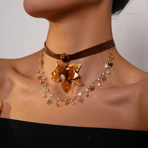 Collier Choker En Cuir Vintage Avec Fleur En Résine Pierre Oeil De Tigre Strass Et Pendentifs Papillon Pour Femmes