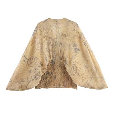 Vintage Floral Print V-Ausschnitt Plissee Bluse Laternenärmel Elastische Taille Polyester Fledermaus Top Damen