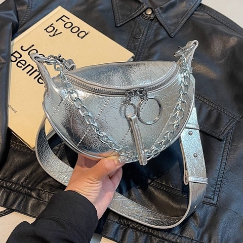 Women Crescent Crossbody Bag PU Leather Metallic Pleated Quilted Half Moon Shoulder Chest Bag Metal Chain Wide Strap