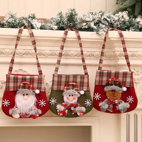 Weihnachtsgeschenkbeutel Cartoon 3D Weihnachtsmann Schneemann Rentier Flanell Filz Handtaschen Karierter Griff Dekor