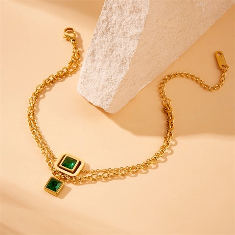 Joyeria Vintage Acero Inoxidable Chapado En Oro Collar Pendientes Pulsera Con Piedras Verdes Cuadradas Cadena Doble