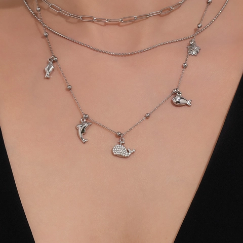 Collana Multistrato Acciaio Inossidabile Zircone Balena Delfino Cuore Freccia Pendente Gioielli Per Donne