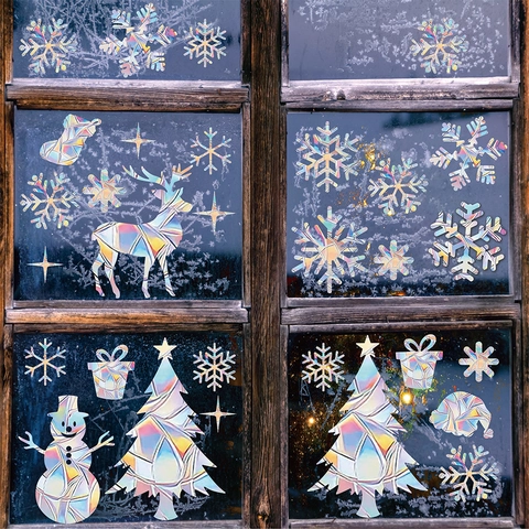 Adesivi Finestra Natale Olografici Statici PVC Motivo Fiocco Neve Renna Effetto Prisma Arcobaleno Decorazione Casa
