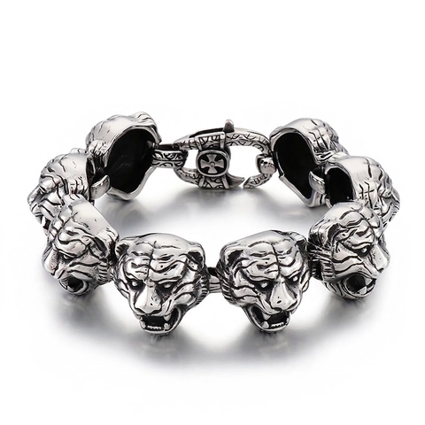 Bracciale Testa Di Tigre Acciaio Inossidabile 316L Punk Rock Gioielli Da Uomo Con Chiusura A Motivo Di Croce