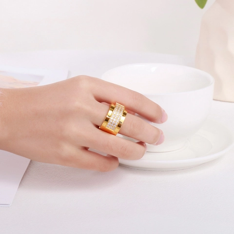 Anello Rotante Fascia Larga Acciaio Inossidabile Placcato Oro Zirconi File Multiple Gioielli Geometrici Uomo Donna