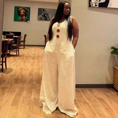 Women Sleeveless V Neck Wide Leg Jumpsuit Solid Color Large Buttons Casual Summer Pockets Elegant Streetwear