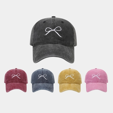 Washed Cotton Baseball Cap Retro Distressed Bow Embroidery Adjustable Metal Buckle Curved Brim Fashion Hat For Women
