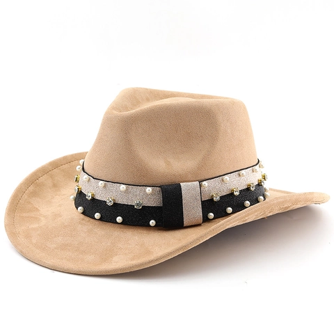 Cappello Fedora Cowboy Western Vintage Tesa Larga Fascia Decorativa Con Künstliche Perle E Strass Stile Scamosciato Per Uomo Donna
