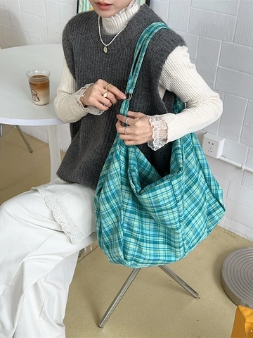 Borsa Tote In Tela A Quadri Grande Capacità Borsa A Spalla Hobo Rilassata Versatile A Scacchi Per Shopping Viaggi