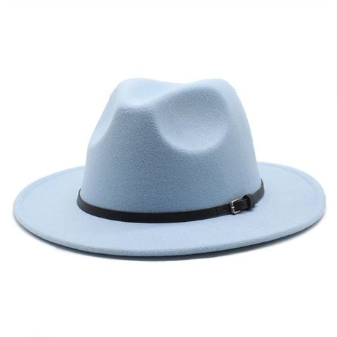 Fedora Hat Woolen Felt Vintage Wide Brim Jazz Cap With Black Leather Belt Buckle For Men Women British Style Solid Color