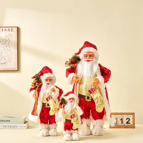 Standing Santa Claus Figurine Sequin Red Fabric White Beard Decorative Doll Christmas Holiday Home Ornament Gift