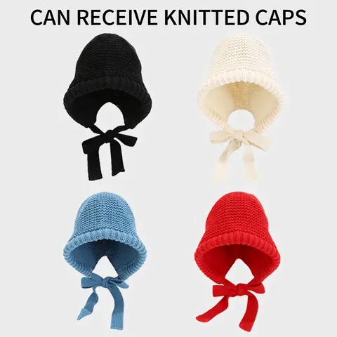 Women Korean Style Acrylic Knitted Beanie Hat Warm Winter Packable Ear Protection Lace Up Bow Bonnet Kawaii