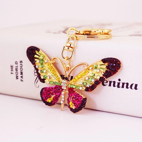 Vivid Colorful Rhinestone Butterfly Keychain Gold Alloy Enamel Pendant For Women Bag Charm Car Key Ring Accessories Gift