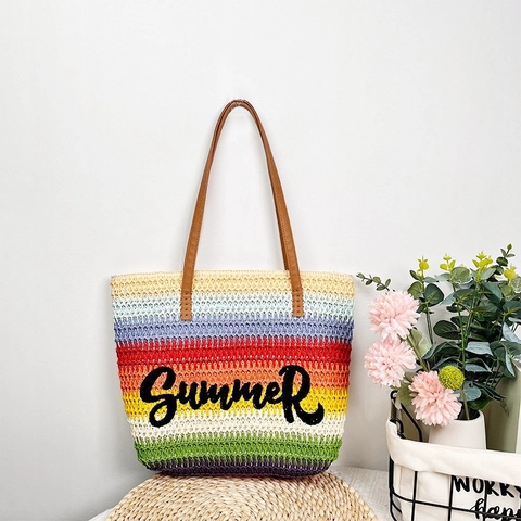 Gewebte Stroh-Tote-Tasche Gestreift Bestickte Strandtasche Große Kapazität Sommer Schulterhandtasche Mit PU-Ledergriff