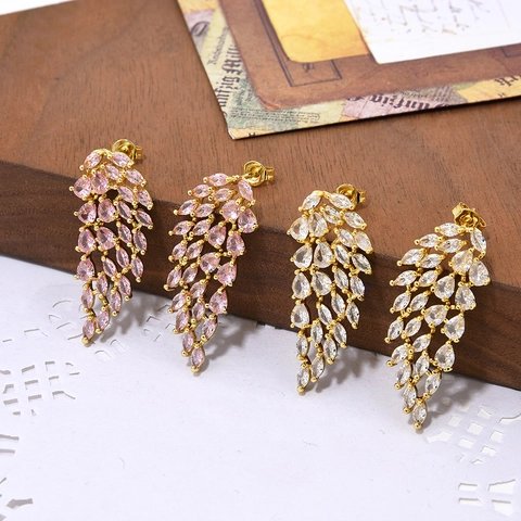 Exaggerated Copper Angel Wing Leaf Stud Earrings For Women With Full Inlaid Zirconia Gold Long Dangle Fashion Jewelry