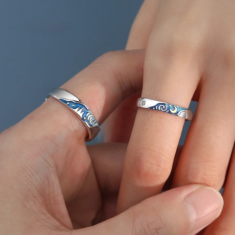 Sternennacht Paar Ringe Künstlerische Blaue Emaille S925 Sterlingsilber Verstellbare Offene Finger Schmuck Geschenk