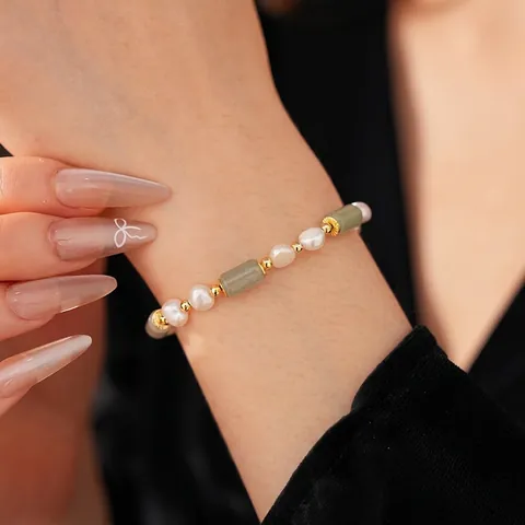 Artificial Pearl Bracelet With Natural Stone Jade Column Gold Plated Copper Adjustable Slider Clasp New Chinese Style For Women