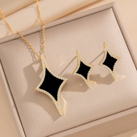 18K Gold Plated Copper Necklace And Earrings Four Pointed Star Rhombus Geometric Shell Rhinestone Jewelry For Women