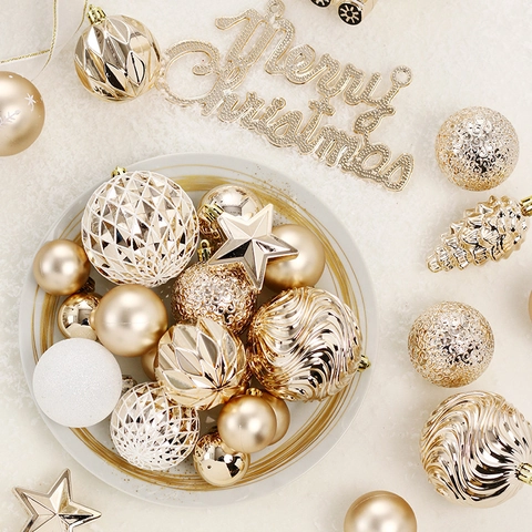 Weihnachtsornamente Champagnergold Und Weiß Kunststoffkugeln Mit Stern Und Zug Für Weihnachtsbaumschmuck Party