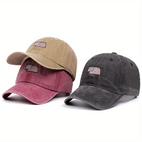 Washed Cotton Baseball Cap USA Flag Embroidery Distressed Retro Style Adjustable Sun Visor Hat For Men Women