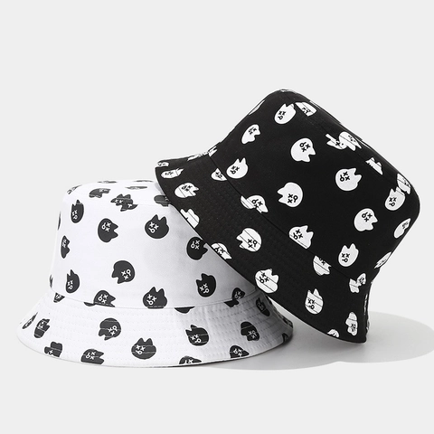 Chapeau Bob En Coton Broderie Chat Mignon Streetwear Protection Solaire Large Bord Casquette Extérieur Pour Femmes