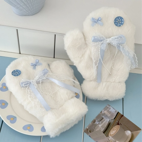 Winter Plush Mittens Faux Rabbit Fur Thickened Warm Neck Strap Cute Bow Lace Artificial Pearl For Women Girls Kawaii Style