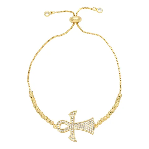 Elegante Bracciale Bolo In Rame Placcato Oro Con Ciondoli Ankh Croce Cuore In Zircone Catena A Scatola Regolabile Da Donna