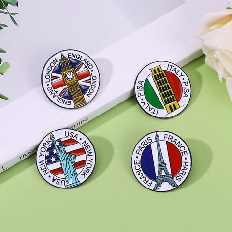 Welt Wahrzeichen Emaille Anstecknadel Broschen Zinklegierung Rund Landesflagge Muster Reise Souvenir Abzeichen Unisex