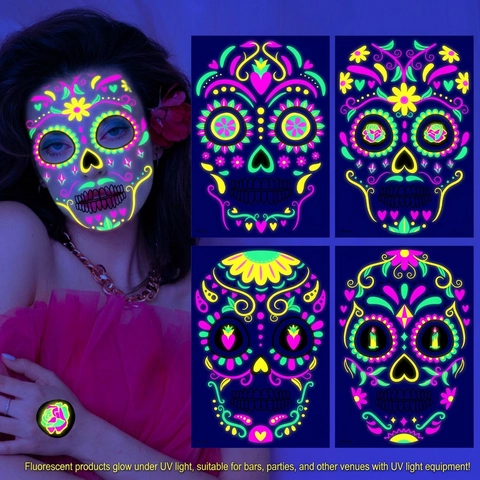 Day of the Dead Neon Fluorescent Face Tattoo Stickers Halloween Skull Floral Geometric Patterns Waterproof Temporary Tattoos Party Accessories