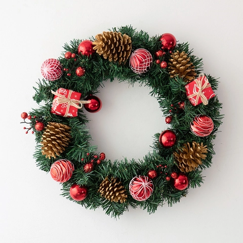 Künstlicher Weihnachtskranz Mit Natürlichen Zapfen Glänzend Rot Gold Ornamente Geschenkboxen Für Haustür Dekor