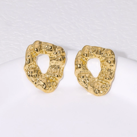 Stainless Steel Stud Earrings Gold Plated Irregular Hammered Lava Texture Geometric Hollow French Style For Women