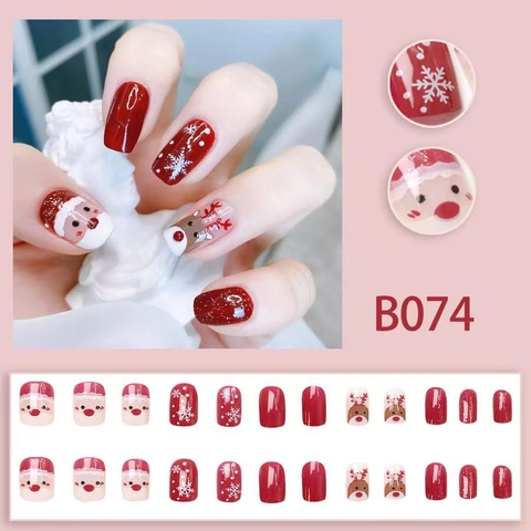 Short Square Christmas Press On Nails Red Glossy Reindeer Santa Claus Pattern Artificial Fingernails Festive Cute Manicure