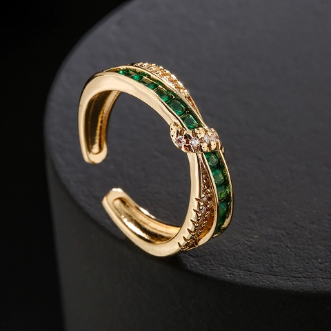 Anello Aperto Simbolo Infinito Rame Placcato Oro 18K Zircone Verde Bianco Geometrico Regolabile Gioielli Eleganti Donna