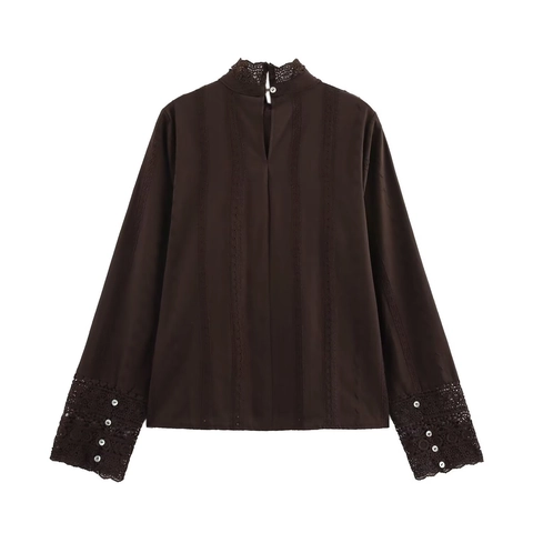 Mujer Elegante Encaje Patchwork Blusa Mezcla Algodón Cuello Alto Manga Larga Bordado Vintage Top Marrón Oscuro