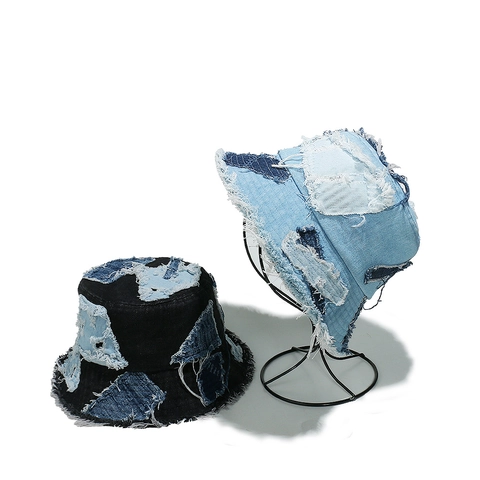 Καπέλο Bucket Denim Patchwork Βαμβακερό Με Ξέφτια Vintage Street Style Προστασία Από Τον Ήλιο