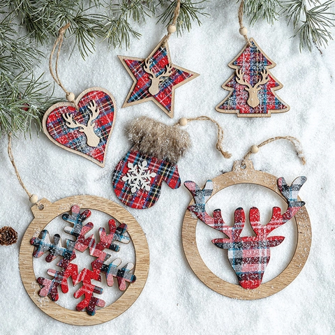 Decorazioni Appese Albero Natale Legno Tessuto Scozzese Renna Fiocco Stella Cuore Rustico Arredo Casa Vacanze