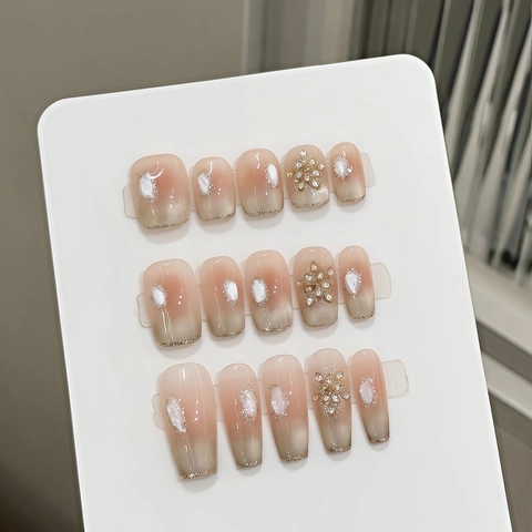 Uñas Postizas a Presión Hechas a Mano Champán Ojo de Gato Degradado Francés Rosa Nude Flor 3D Strass Lujo Elegante para Mujer