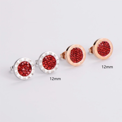 Pendientes De Botón Redondos De Acero Inoxidable Cristal Rojo Pavé Números Romanos Estilo Retro