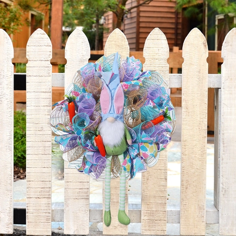 Easter Wreath With Long Leg Gnome Bunny Ears Plush Carrot Mesh Ribbon Ornament Festive Spring Door Hanging Decor