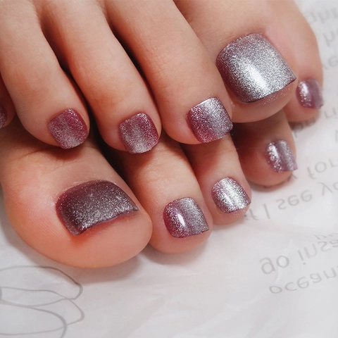 Press On Toenails Magnetic Cat Eye Deep Purple Silver Glitter Glossy Square Short False Nails For Women